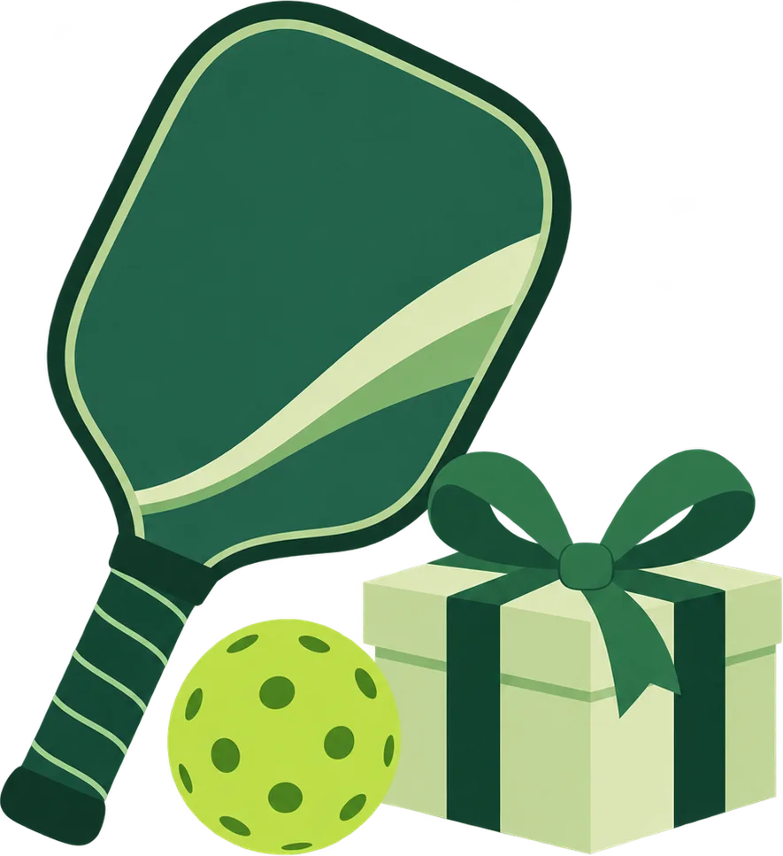 Illustration d'une raquette de pickleball et d'une balle perforée posées à côté d'un paquet cadeau enrubanné, sur un fond de terrain.
