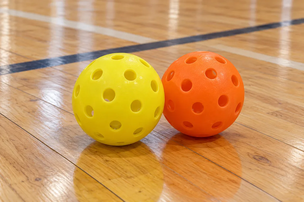 Deux balles de pickleball perforées de types différents posées côte à côte sur un sol de terrain.