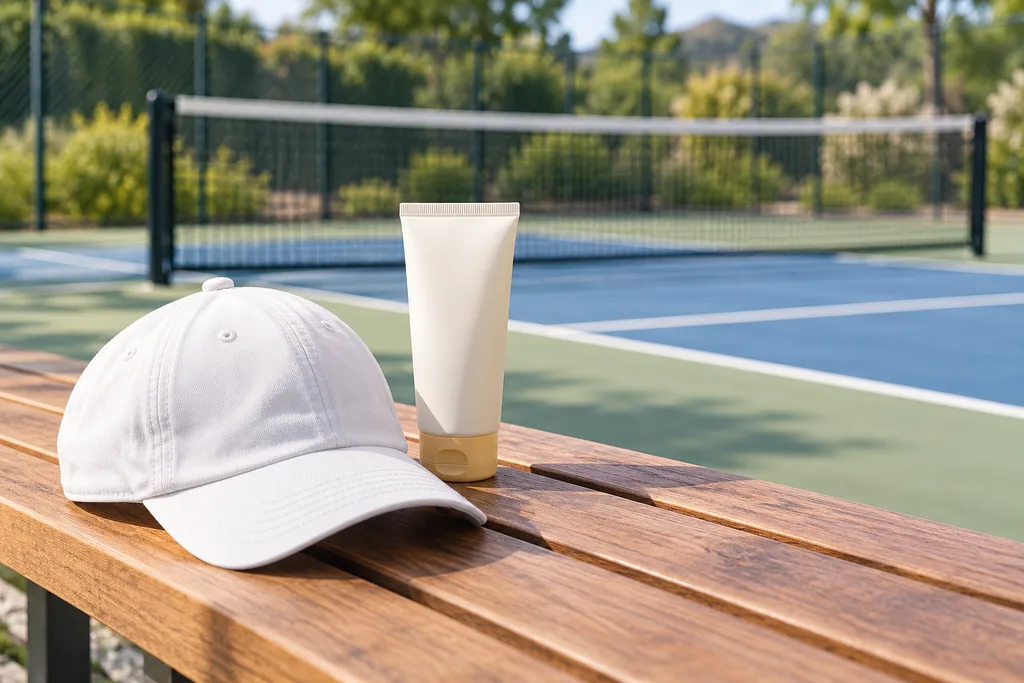 Une casquette et un flacon de crème solaire posés sur un banc à côté d'un terrain de pickleball.