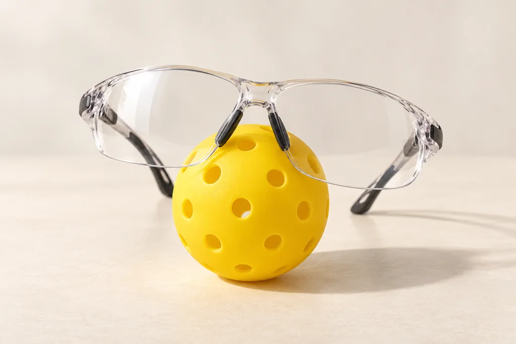 Des lunettes de protection sportives posées sur une balle de pickleball, sur une surface claire.