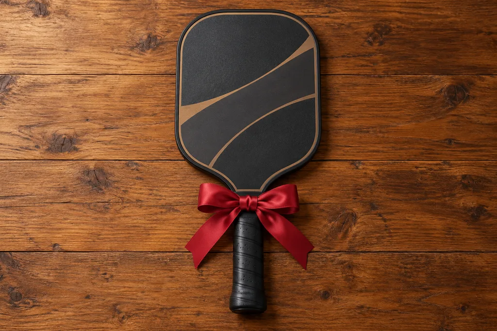 Une raquette de pickleball posée sur une table à côté d'une carte-cadeau et d'un ruban, vue de dessus.