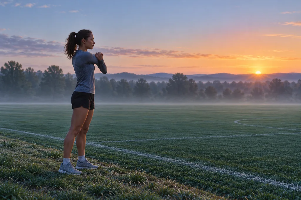 Un joueur étire ses bras au bord d'un terrain de pickleball tôt le matin.
